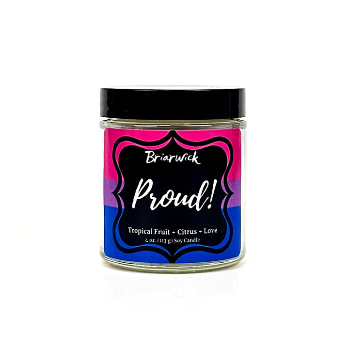 PROUD! 4oz white candle with bisexual pride flag on a white background