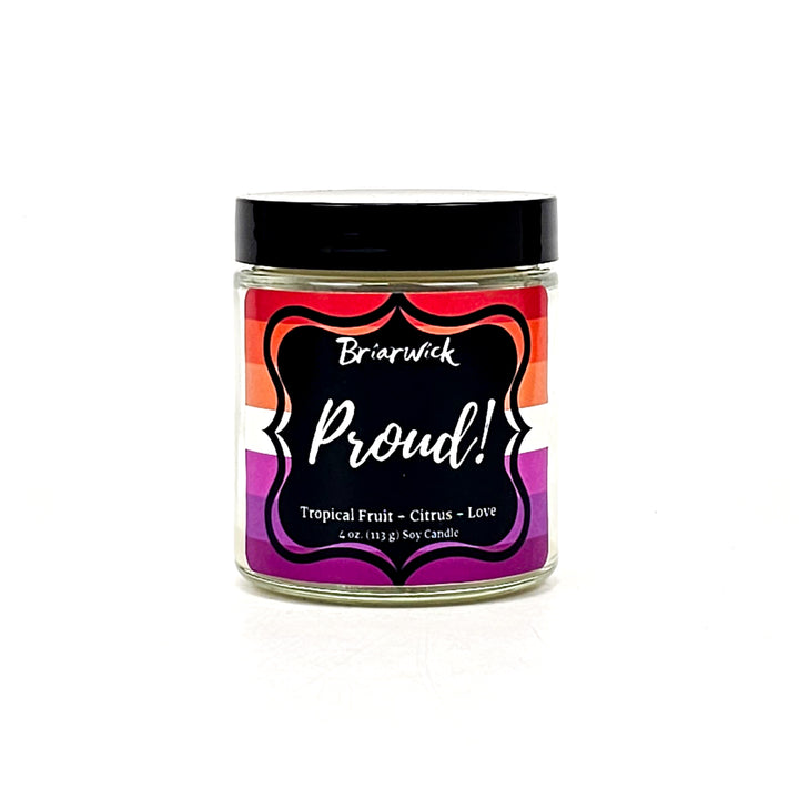 PROUD! 4oz white candle with lesbian pride flag on a white background