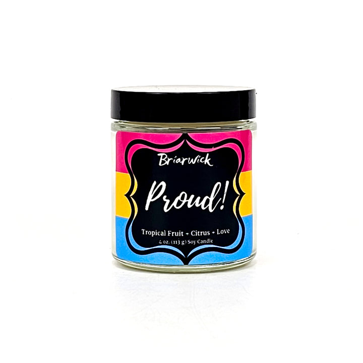PROUD! 4oz white candle with pansexual pride flag on a white background
