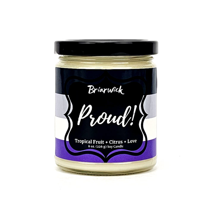 PROUD! 8oz white candle with asexual pride flag on a white background