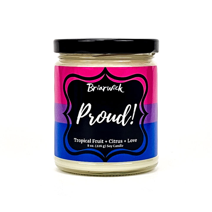 PROUD! 8oz white candle with bisexual pride flag on a white background