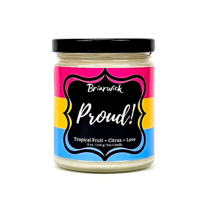 PROUD! 8oz white candle with pansexual pride flag on a white background