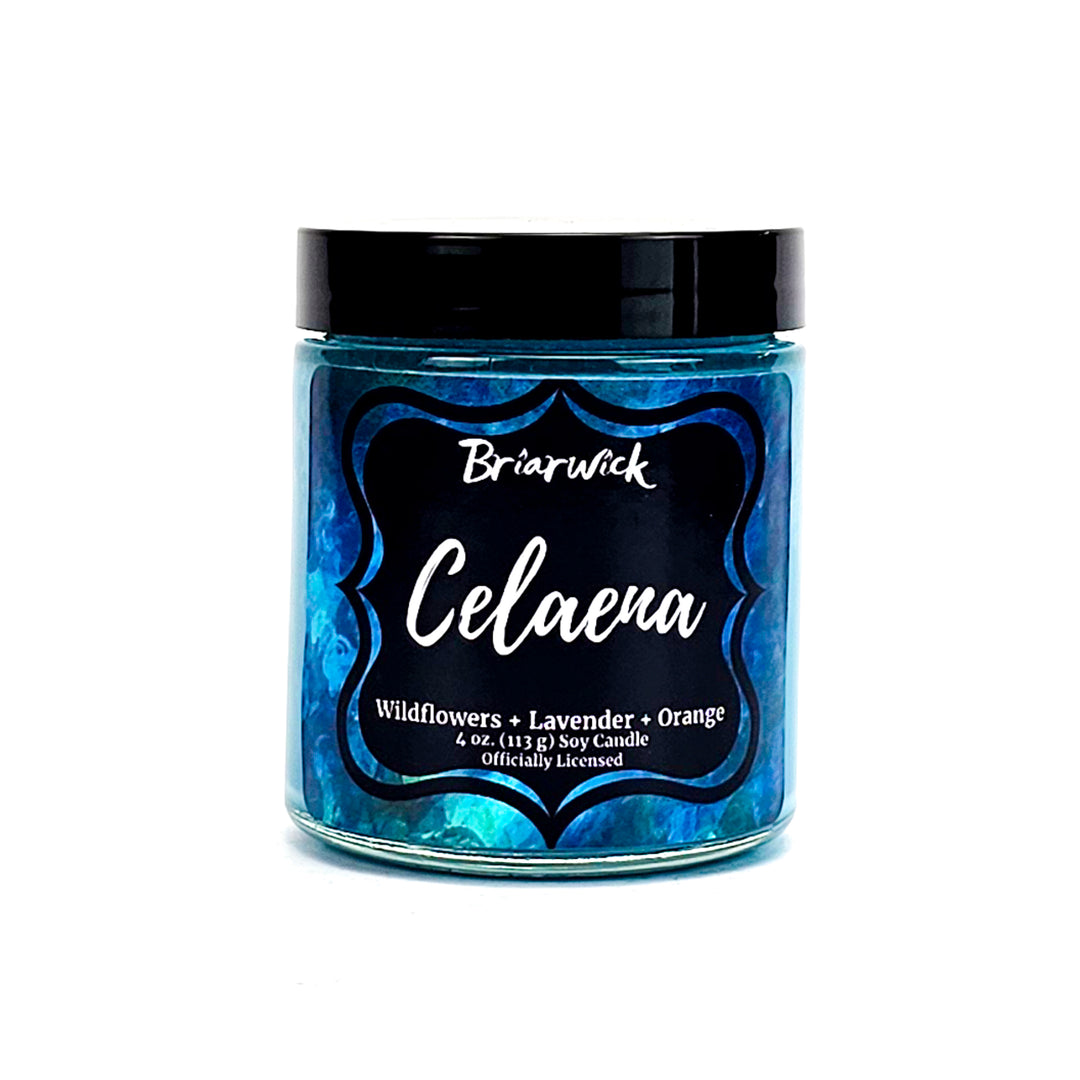Celaena 4oz teal candle with blue textured design on a white background