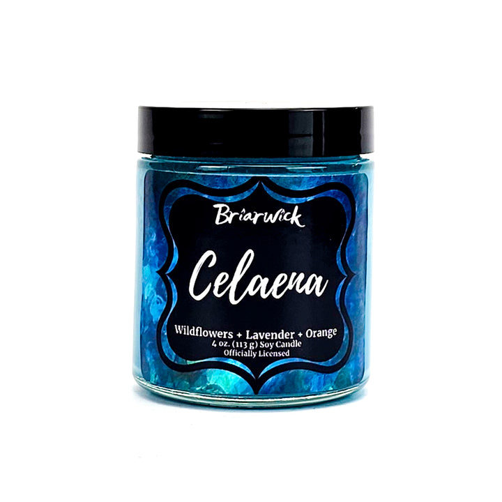 Celaena 4oz teal candle with blue textured design on a white background