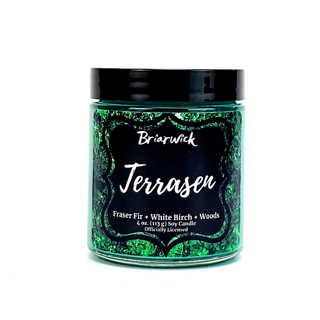 Terrasen 4oz forest green candle with green textured design on a white background