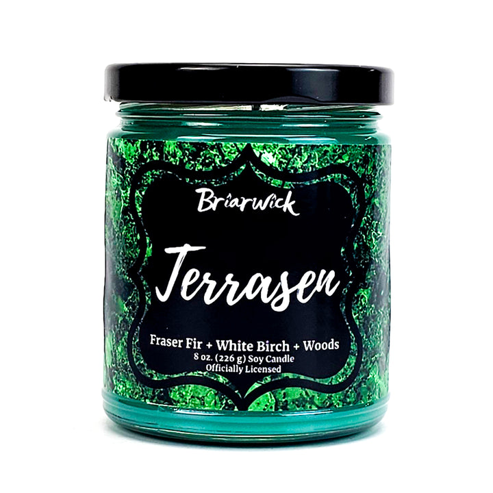 Terrasen 8oz forest green candle with green textured design on a white background