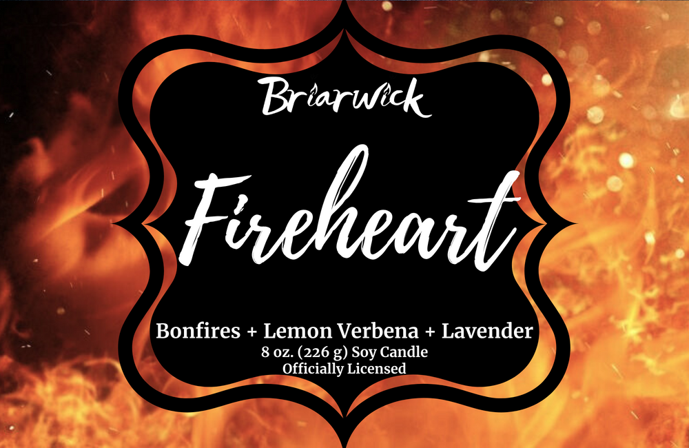 Fireheart label with orange flame design