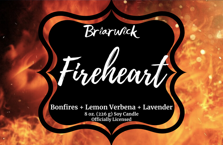 Fireheart label with orange flame design