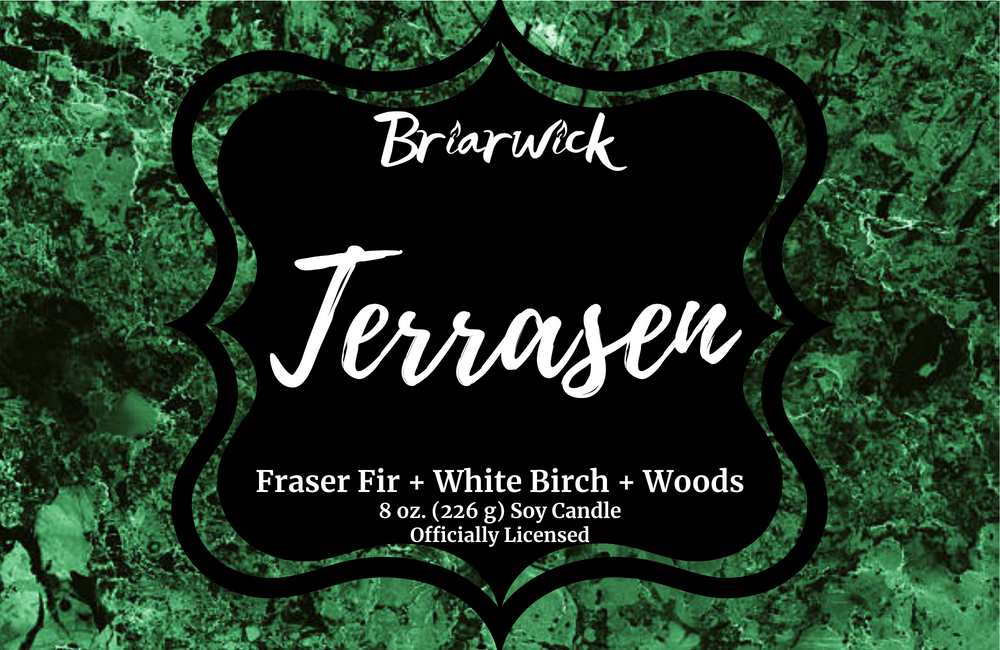 Terrasen forest green label with green textured design on a white background