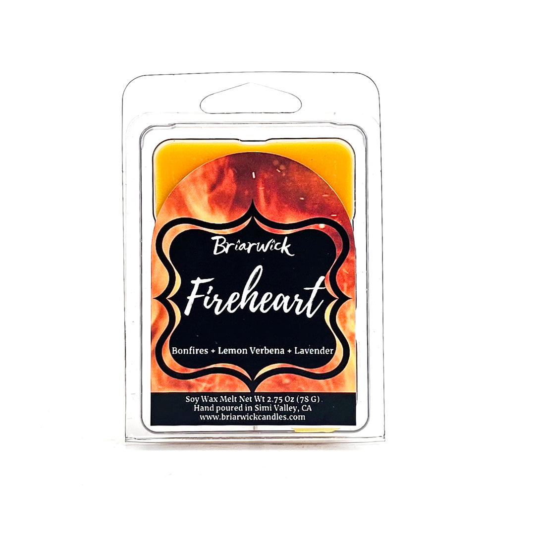 Fireheart 2oz canary yellow Wax Melt with orange flame design on a white background