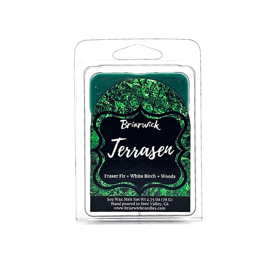 Terrasen 2oz forest green Wax Melt with green textured design on a white background