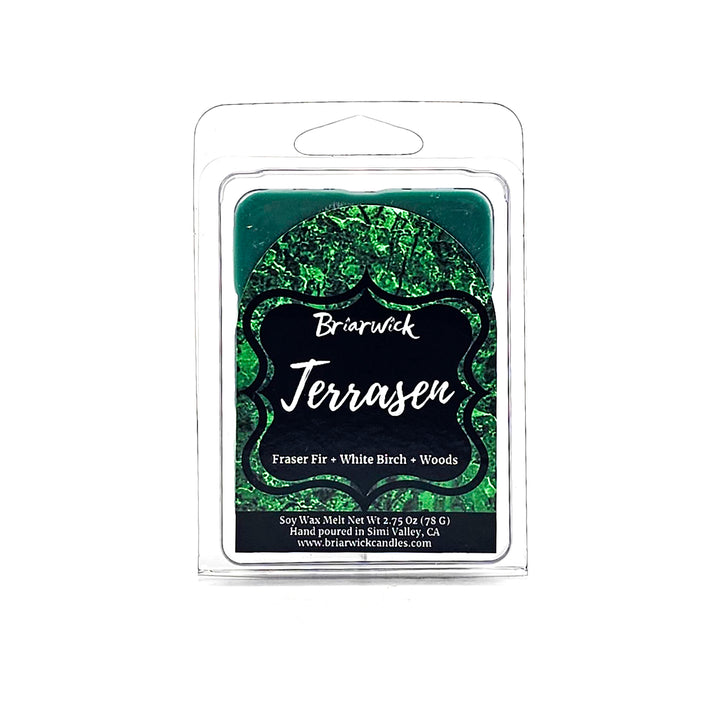 Terrasen 2oz forest green Wax Melt with green textured design on a white background