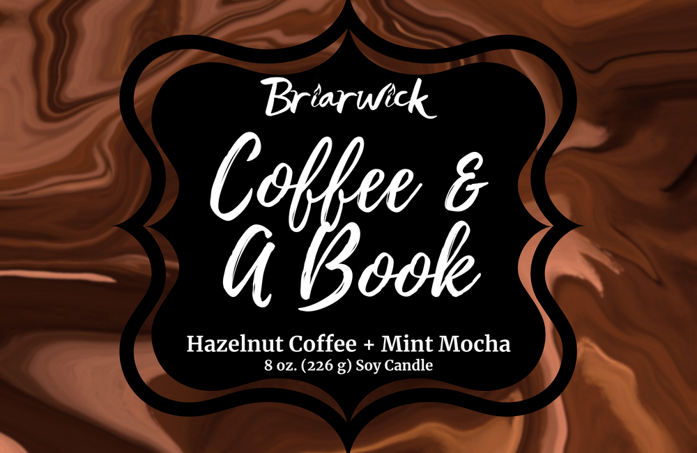 a coffee and a book cover with a brown marble background