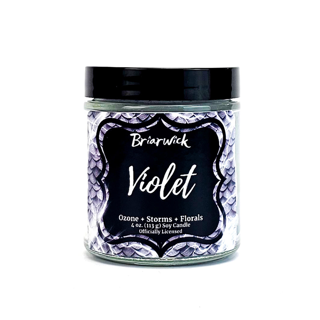Violet 4oz slate gray candle with gray dragon scale design on a white background