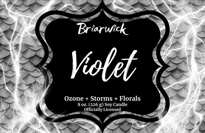 Violet label with gray dragon scale design on a white background