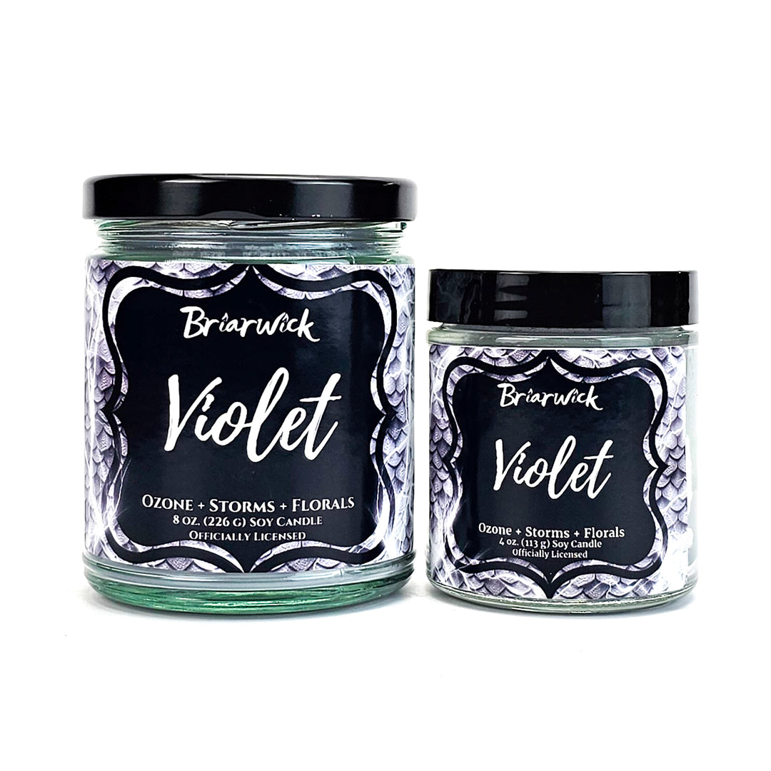 Violet 8oz & 4oz slate gray candles with gray dragon scale designs on a white background
