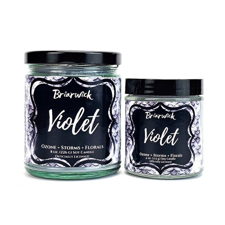 Violet 8oz & 4oz slate gray candles with gray dragon scale designs on a white background