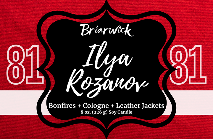 Ilya Rozanov label with red hockey jersey design