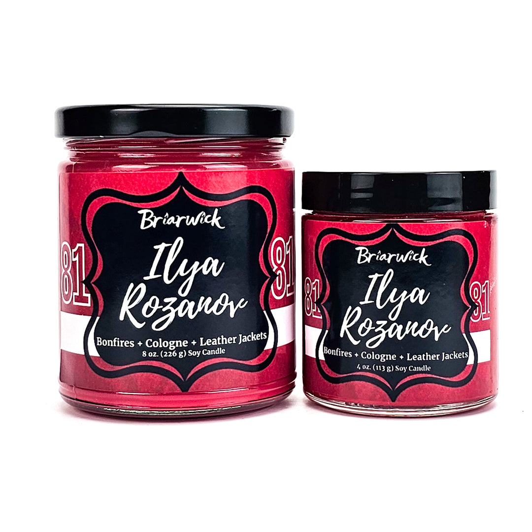 Ilya Rozanov 8oz & 4oz cherry red candles with red hockey jersey designs on a white background