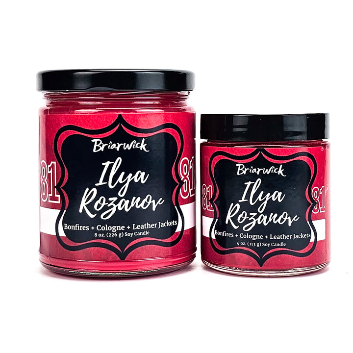 Ilya Rozanov 8oz & 4oz cherry red candles with red hockey jersey designs on a white background