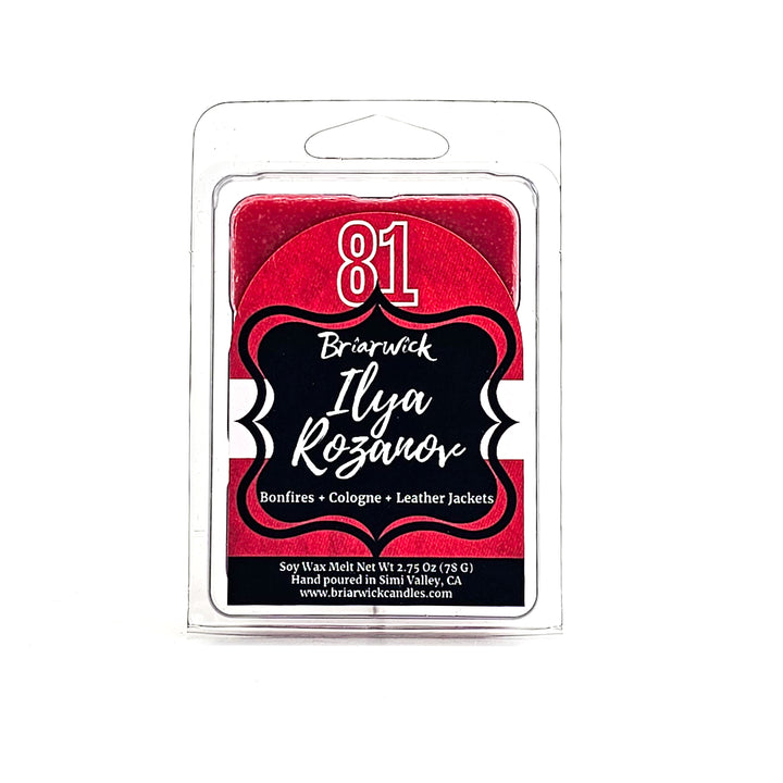 Ilya Rozanov 2oz cherry red Wax Melt with red hockey jersey design on a white background