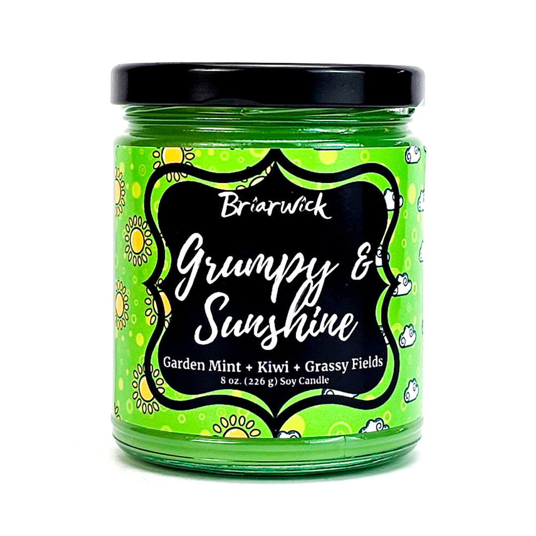 Grumpy & Sunshine 8oz lime candle with sunshine/cloud split design on a white background
