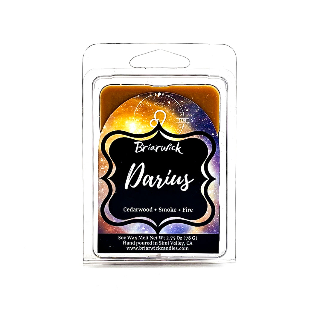 Darius 2oz mustard yellow Wax Melt with yellow galaxy leo design on a white background
