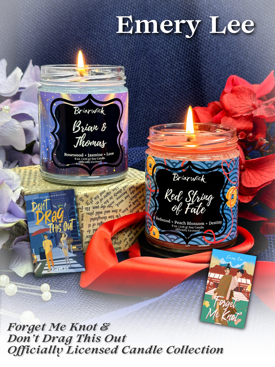 Purple Brian & Thomas candle and red Red String of Fate candle lit on a background with texrt reading "Emery Lee: Forget Me Knot and Don't Drag This Out Officially Licensed Candle Collection"