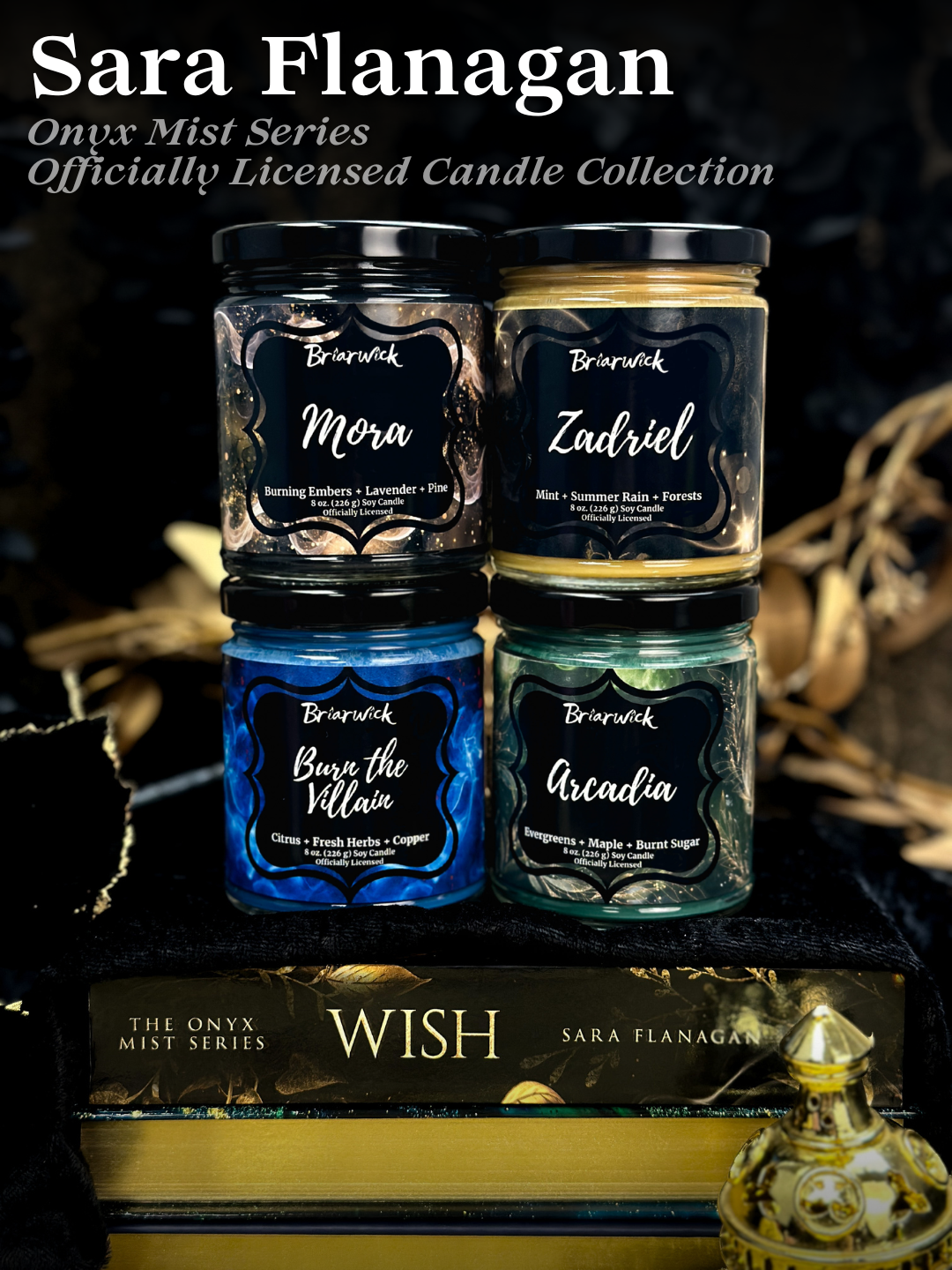 Black background with gold accents, candles stacked in order of: Top - black Mora candle and gold Zadriel candle.  Bottom: Blue Burn the Villain candle and green Arcadia candle.