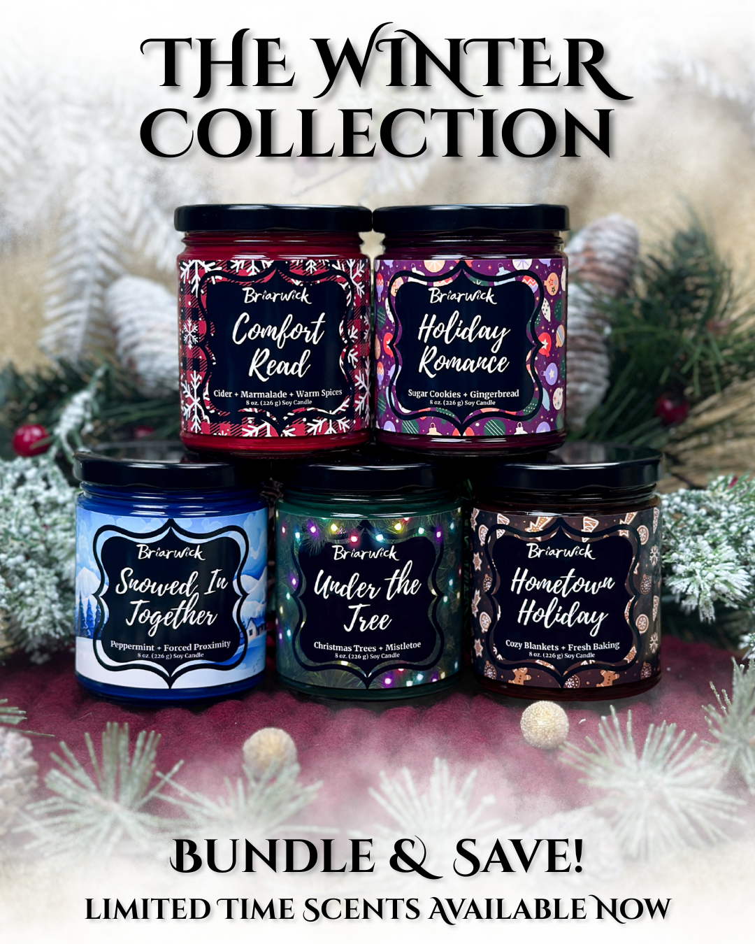 Candle Stack on a red felt platform with sparkly background. The top is white Holiday Romance and an orange Feeling Festive. The bottom row is yellow Holiday Feast, green Christmas Tree, and red Candy Cane Lane.