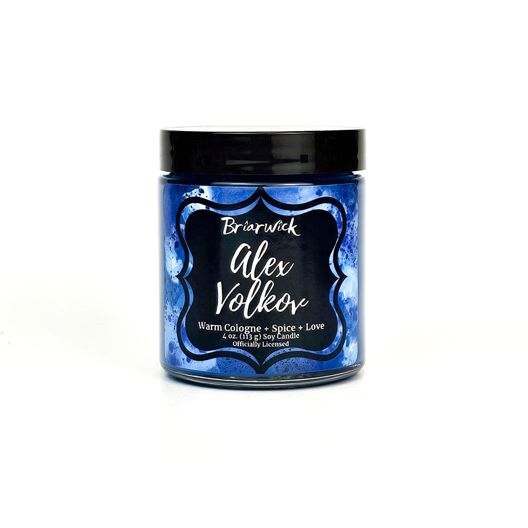 a blue jar with a black label on it