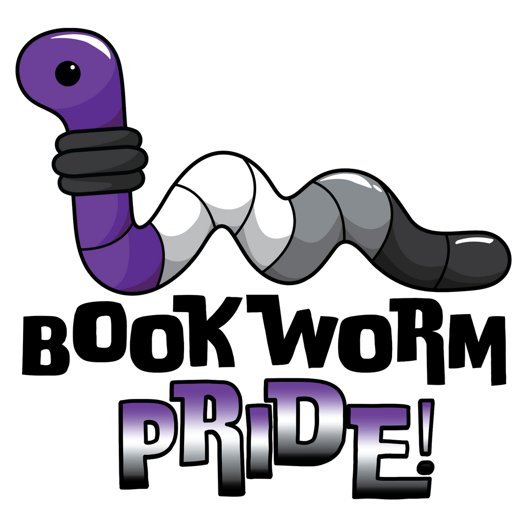 Cartoon Asexual flag worm with 'Bookworm Pride!' text on a white background