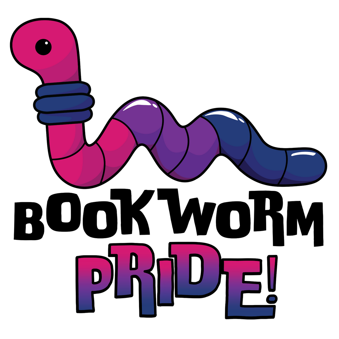 Colorful Bisexual cartoon worm with 'Bookworm Pride!' text on a white background