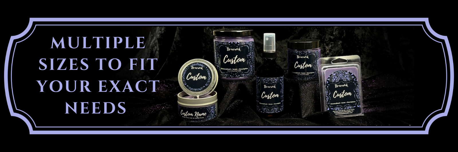 Display of customizable containers with text about size options on a dark background