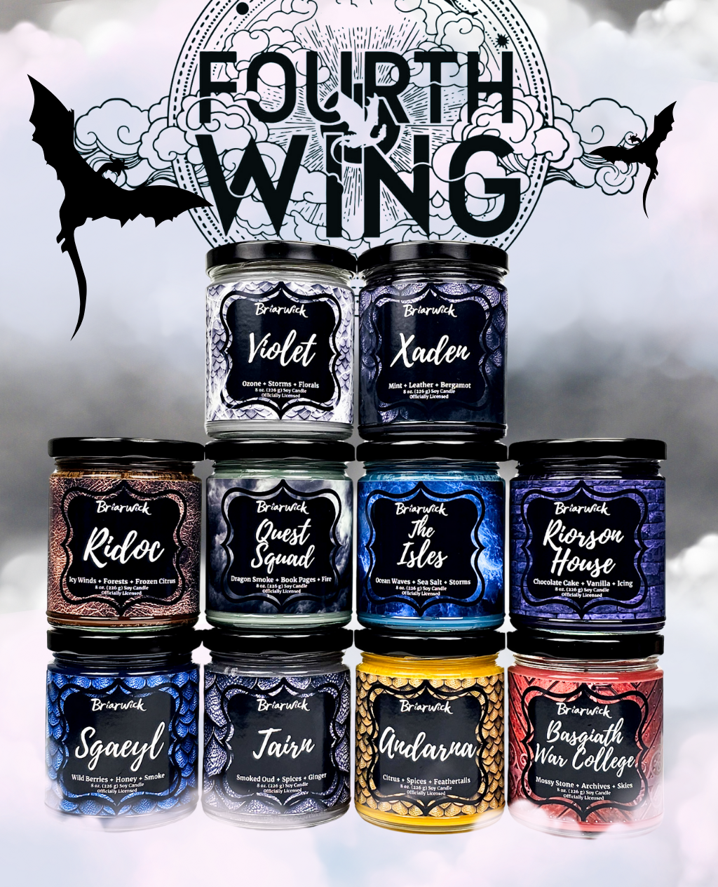 Collection of candles with labels in front of a 'Fourth Wing' logo.