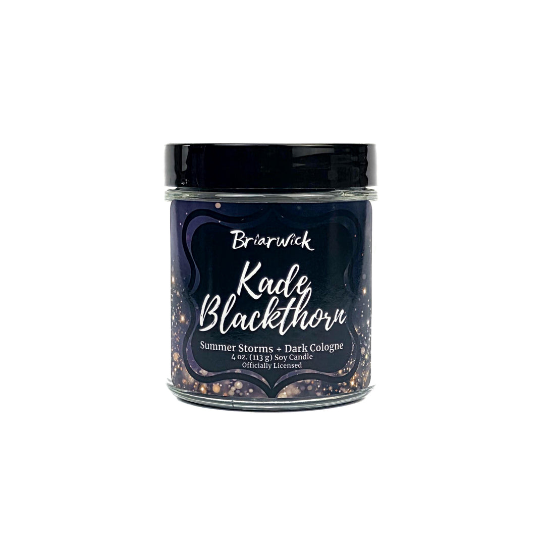 4 oz black Kade Blackthorn candle with decorative label on a white background