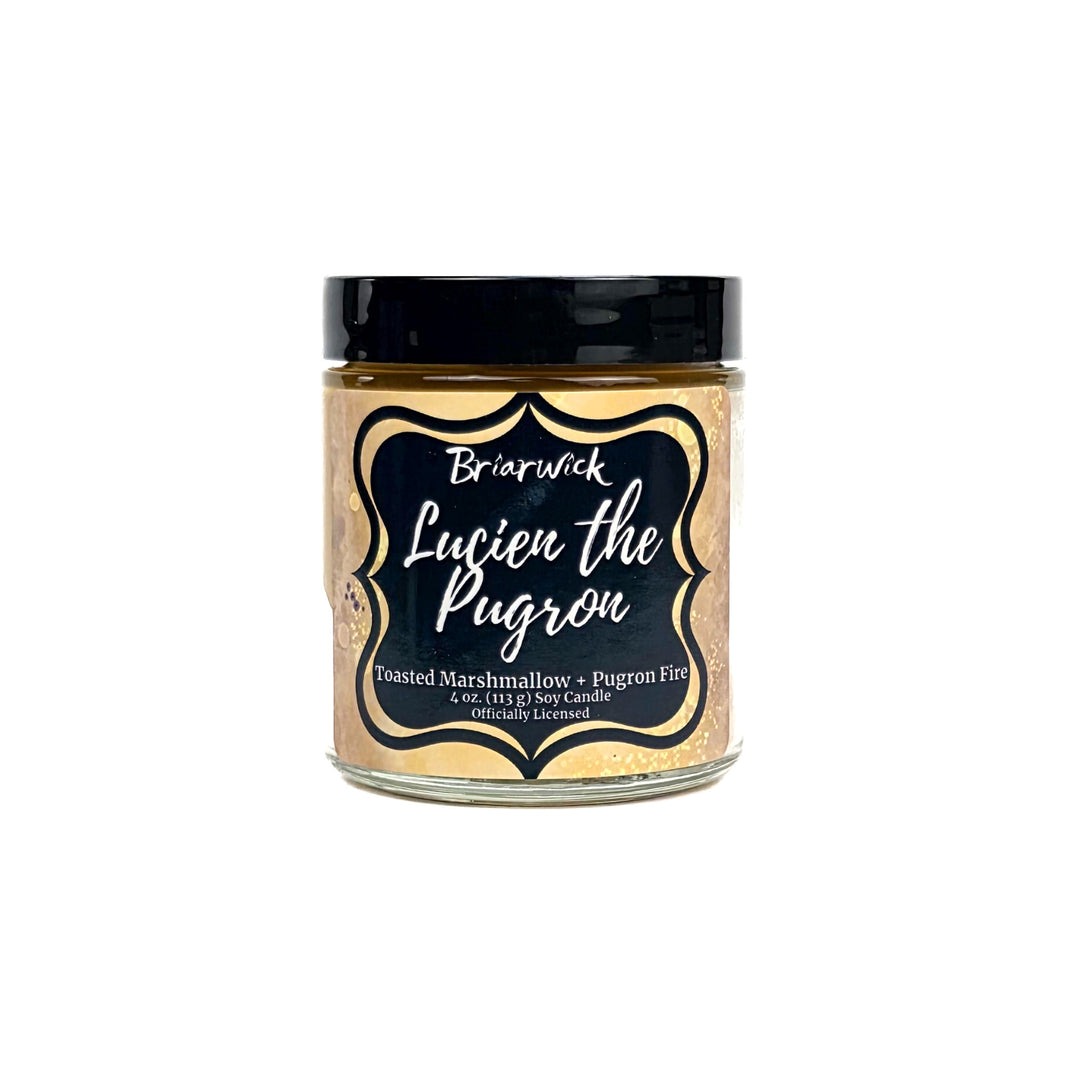 4oz jar candle labeled 'Lucien the Pugron' with a black lid on a white background