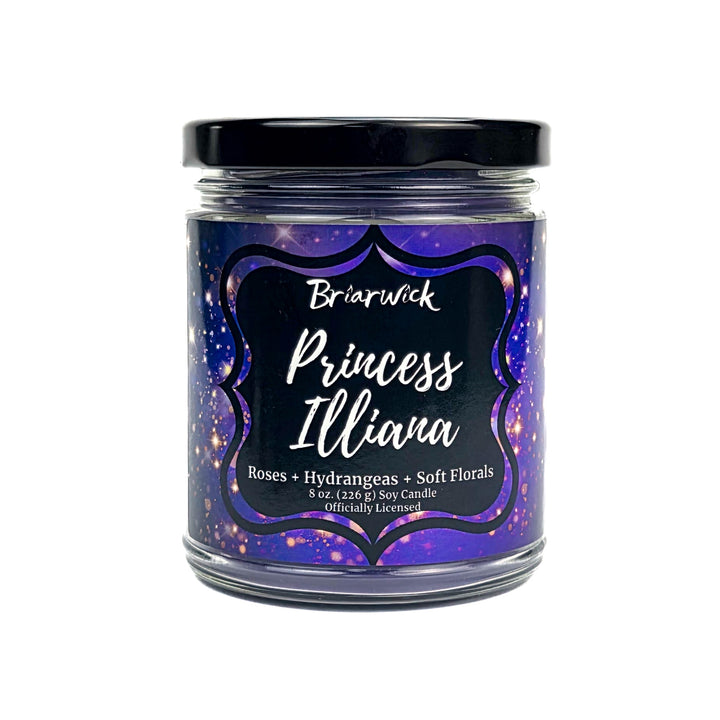 8 oz purple candle jar with 'Princess Illiana' label on a white background