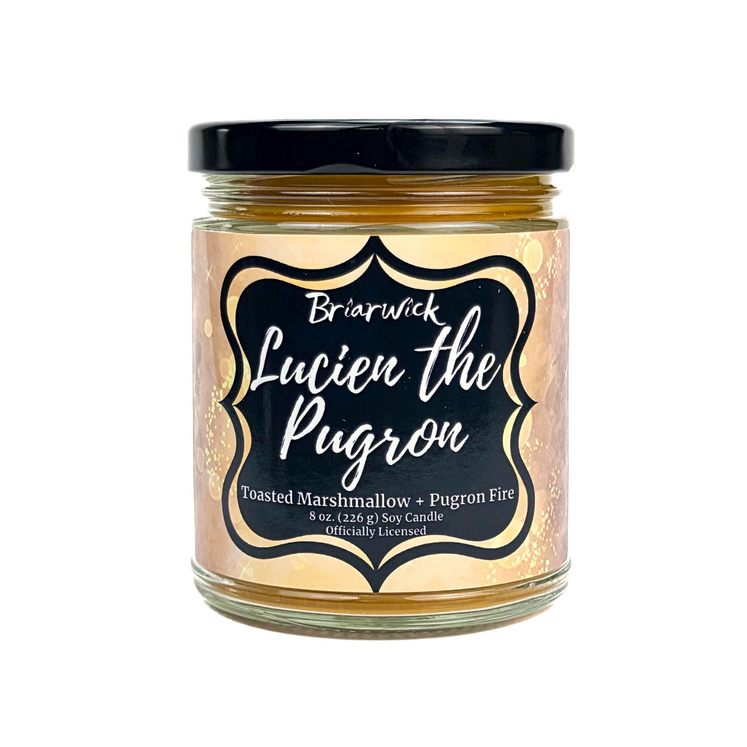 8 oz of Briarwick Lucien the Pugron candle with a black lid on a white background