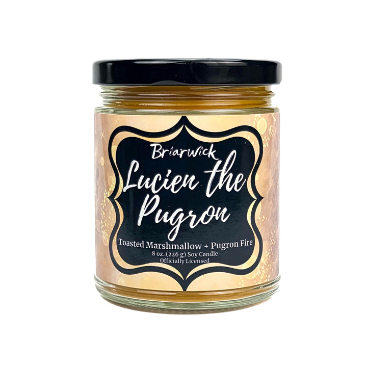 8 oz of Briarwick Lucien the Pugron candle with a black lid on a white background
