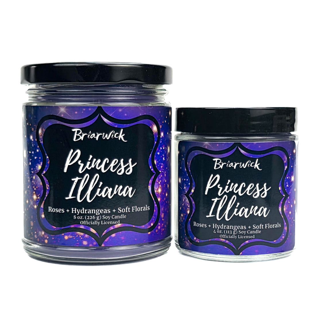 Two Briarwick Princess Illiana candles with purple labels on a white background