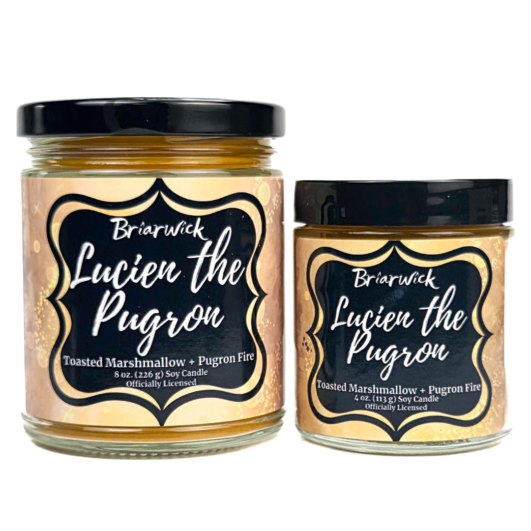 Two jars of Briarwick Lucien the Pugron candles on a white background