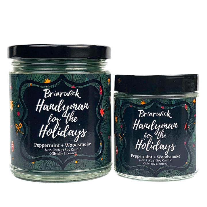 Two green Briarwick candles labeled 'Handyman for the Holidays' on a white background