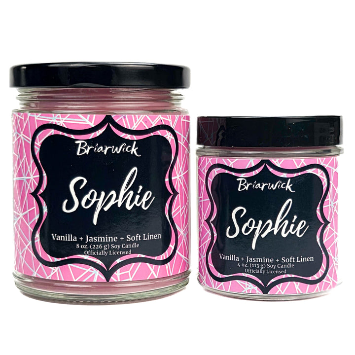 Two jars of Briarwick Sophie candle with pink and black labels on a white background
