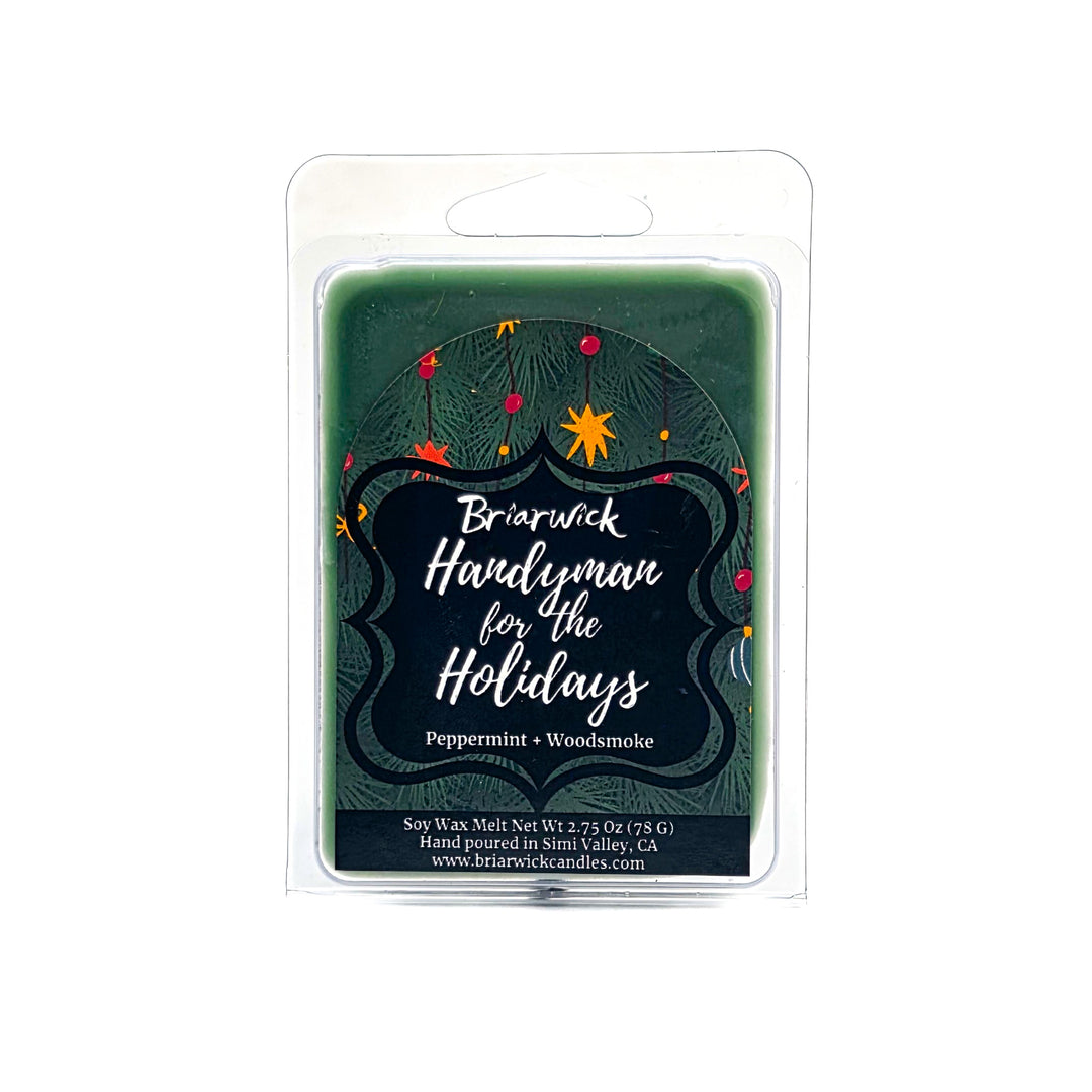 Green wax melt with 'Briarwick Handyman for the Holidays' label on a white background