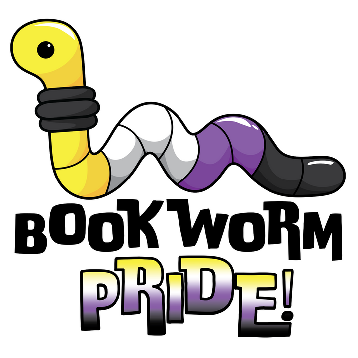 Colorful nonbinary flag cartoon worm with 'Bookworm Pride!' text on a white background