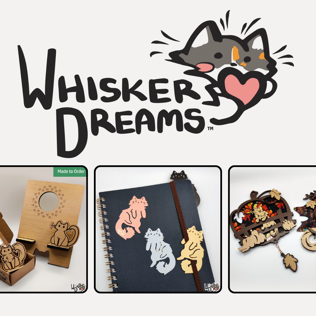 Promotional image for 'Whisker Dreams' with cat-themed products and logo.