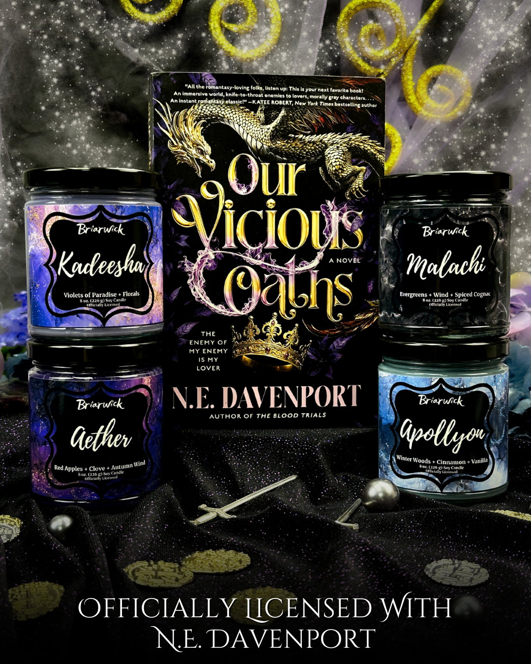 Book titled 'Our Vicious Oaths' by N.E. Davenport with four candles on a dark and sparkling background.