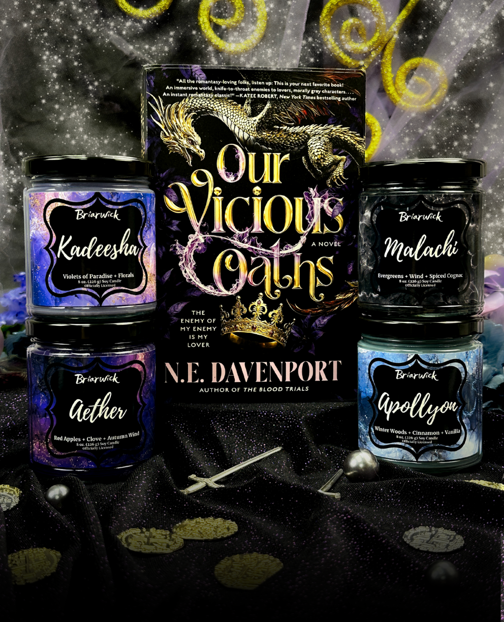 Book titled 'Our Vicious Oaths' by N.E. Davenport with four candles on a dark sparkly background.