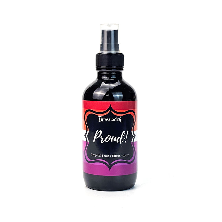 PROUD! 4oz Linen Spray with lesbian pride flag on a white background